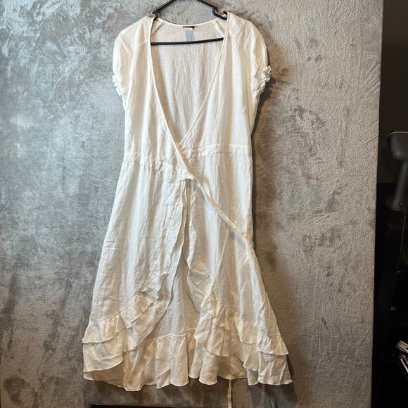 J. Crew White Short Sleeve Ruffled Wrap Dress Cover Up 100% Linen Womens Size 6 - Picture 1 of 7